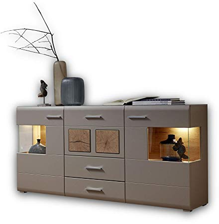 Stella Trading Fun Plus 2 Sideboard Kommode in Basalt mit LED-Beleuchtung | 170 x 94 x 42 cm (B/H/T), Hirnholz-Applikationen, Eiche Dekorböden, 2 Holztüren, 3 Softclose-Schubladen