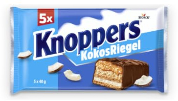 Knoppers KokosRiegel, 5 Schokoriegel mit Kokoscreme & Karamell - 1 x 200 g | Mit Vollmilchschokolade, Milch- & Kokoscreme, Karamell, Kokosraspeln, Haselnüssen & Knusperwaffel, 5 einzeln verpackte Riegel