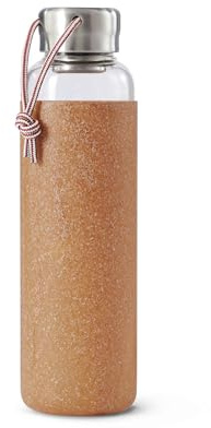 BLACK+BLUM - Glass Water Bottle - Leak Proof, Lightweight Borosilicate Glass Bottle with Screw-Fit Lid, Carry Loop and Protective Sleeve - Freezer Safe, Almond - 600ml