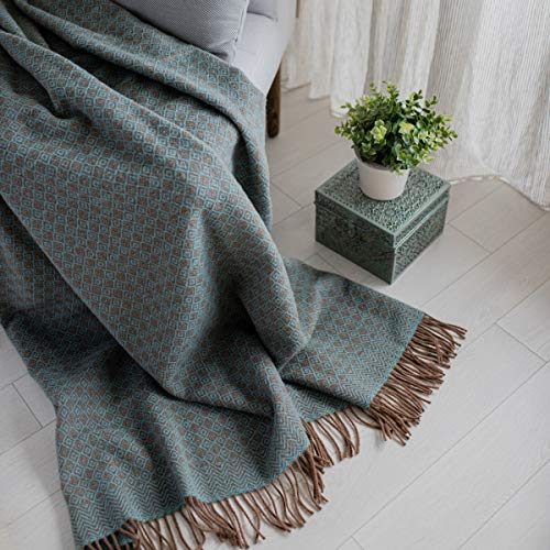 LINEN & COTTON Plaid Molto Caldo e Morbido, Coperta Copriletto Copridivano con Frange Paris - 100% Pura Lana Nuova Zelanda, Marrone Blu Aqua Turchese (140 x 200 cm) Per Sedia Letto Divano