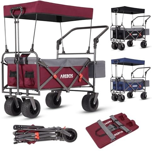 Arebos Carro Plegable con Techo | de Mano de Lujo | Carro de Transporte | Bolsa XXL | Plegable | hasta 100 kg | Carro para Herramientas | Ruedas Delanteras giratorias 360° | Rojo