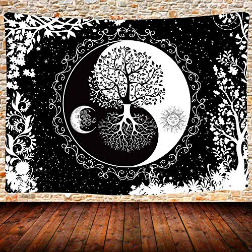 UHOMETAP Wandteppich mit Sonne und Mond, Mandala, schwarz-weiß, Wandbehang, Yin-Yang, Baum des Lebens, 203 x 152 cm, Schlafzimmer, Wohnheim, Heimdekoration GTQQUH666