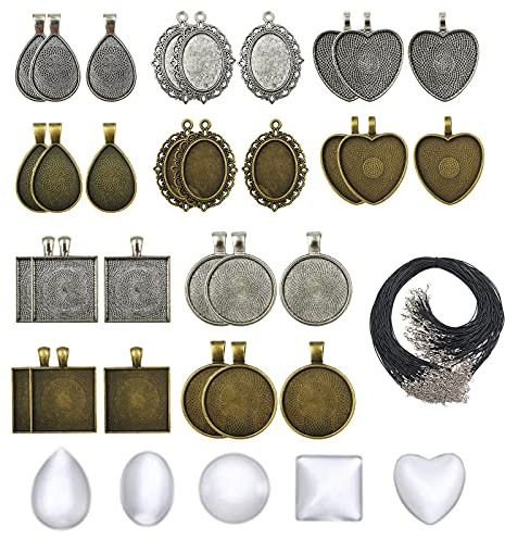 DUGYIRS 30 Pezzi Vassoi Pendenti con 30 Pezzi Vetro Cabochon e 30 pezzi Cavo della Collana per DIY Creazione Artigianale di Ciondoli con foto di Gioielli Souvenir