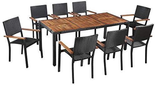 Leepesx 9-TLG. Garten-Essgruppe, Terrassenmöbel, Esstisch Mit Stühlen Set, Loungemöbel Terrasse, Garten Möbelsets, Gartenmöbel, Garten Loungemöbel Set, Poly Rattan Akazie Massivholz Schwarz