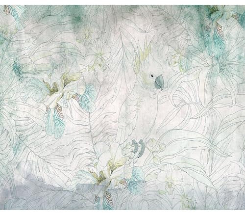 decomonkey - Papier Peint Panoramique Plantes Abstrait 350x256 cm - Décoration murale moderne – Tapisserie décorative pour chambre salon - Fond perroquets oiseaux animaux feuilles plantes nature