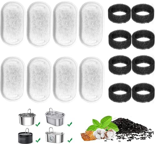 Berein 8 + 8 paket ersättningsfilter katt vattenfontän för rostfritt stål vattendispenser husdjursfontän 4 filter med 4 svampar