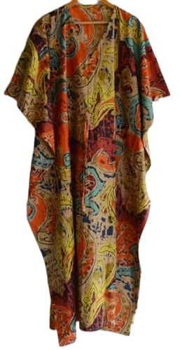 INDACORIFIE Jaipuri Art Cotton Kaftan Dress, Indian Hand Block Print Sleepwear Maxi Dress Kimono Robe, Women Beach Cover up Women Night Dress Multi