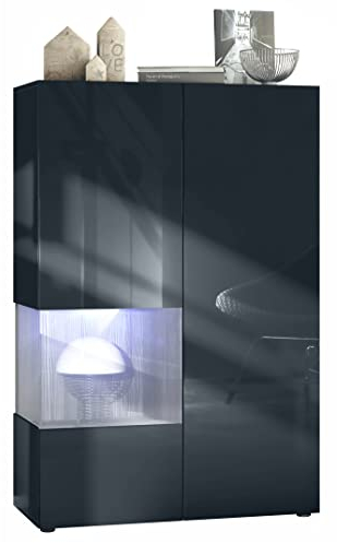 Vladon Vitrine Morena V2, Made in Germany, Standvitrine mit 2 Türen und Glaseinsatz, Schwarz matt, Fronten Schwarz Hochglanz, Cube Avola-Anthrazit inkl. LED-Beleuchtung Weiß (91,5 x 136,5 x 37 cm)