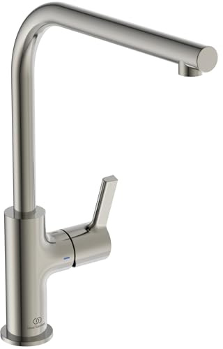 Ideal Standard – Gusto Miscelatore cucina, Bocca alta tonda a L, con cartuccia FirmaFlow, bocca girevole a 360°, facile da installare con fissaggio EasyFix+, Silver Storm