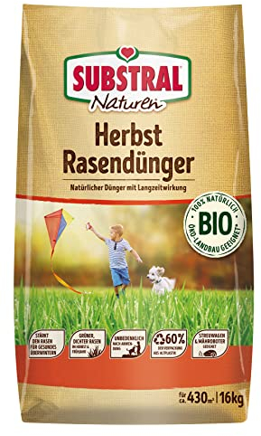 Substral Naturen Herbstrasendünger Bio f. 430 m², 16 kg, 100% natürliche Inhaltsstoffe, verbessert die Strapazierfähigkeit und stärkt den Rasen