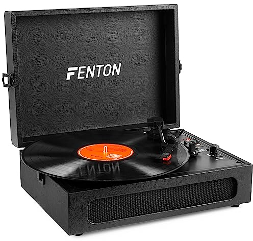 Fenton RP118B Tocadiscos Vintage Tipo Maleta con Bluetooth, Altavoz Estéreo, USB, Jack, Conversor MP3, 3 Velocidades y Salida de Auriculares - Reproductor de Vinilo Portátil Color Negro