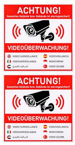 Set di adesivi ATTENZIONE! VIDEOSORVEGLIANZA!, 2 pz, 10 x 10 cm, pellicola autoadesiva, adesivo di avvertimento per interni ed esterni, cartello informativo sulla telecamera in 7 lingue