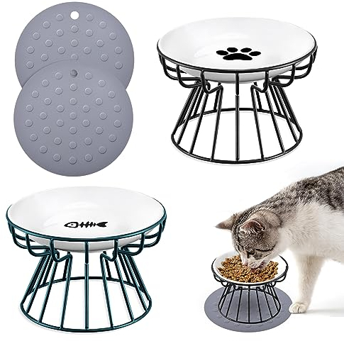 Surmounty Katzennapf Erhöht - 2Pcs Futternapf Katze aus Keramik mit Napfunterlage Silikon, Erhöhter Futternapf für Katzen mit Metallständer, Katzennäpfe für Futter Wasser