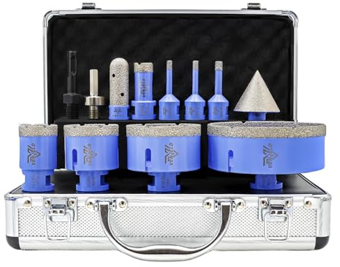 Diamant Fliesenbohrer Set 12tlg. - 6/6/8/20/35/50/68/110mm Diamantbohrer Lochsäge, 20mm Fingerfräser, 50mm Fasenbohrer, SDS/Sechskantschaft-Adapter für Porzellan Fliesen Keramik Granit Marmor Dekton