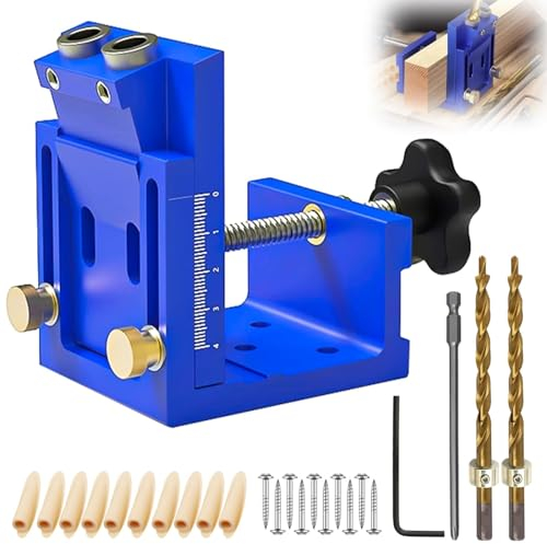 Ajustable Guia taladro, Azul Retirable Pocket Hole Jig, Plantilla Perforación Agujeros Bolsillo con 2 Brocas de 9 mm, para Carpintería y Fabricación de Muebles (Azul)
