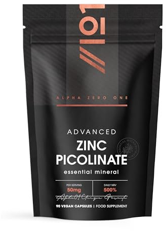 Zinc Picolinate 50mg – 90 Vegan Capsules (3 Months Supply) – 500% Daily NRV - Elemental Zinc Picolinate - Resealable and Recyclable Pouch – by Alpha01