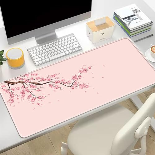 Hixingo Sakura-Muster Mauspad XXL/XL/L, Gaming Mauspad, Mauspad mit Anti-Rutsch Gummiboden, Vernähte Kanten Mousepad, Mouse pad für Büro, Zuhause (800 * 300 * 3mm,Rosa)