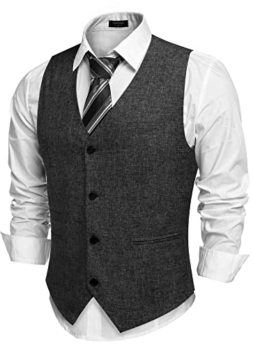COOFANDY Gilet da uomo casual, gilet da lavoro, con scollo a V, formale, business, per feste, matrimonio, tradizionale, Nero , M