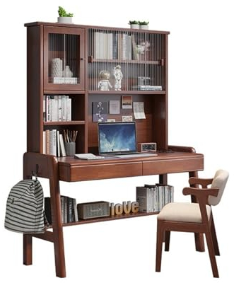 BOKNI Massivholz-Schreibtisch mit Bücherregal-Kombination, Schlafzimmer- und Heimbüromöbel (Farbe: Walnuss+Stuhl A, Größe: 120 x 60 x 188 cm)