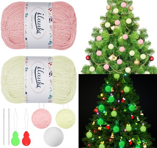 ilauke Leuchtendes Garn, 2er Polyestergarn Strickgarn mit 18 Kugel und Nähnadel, 2 Farben DIY Glow in the Dark Wolle, Leuchtet im Dunkeln,Leuchtende Wolle im Dunkeln für Weihnachten, Puppen,Handwerk
