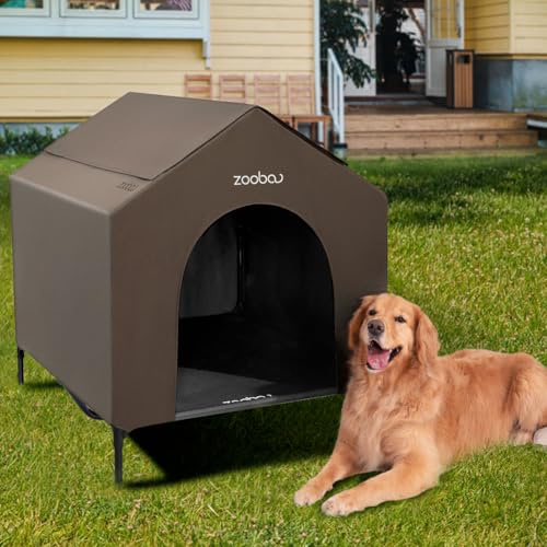 Casa para perros 2 en 1 de 42 pulgadas para perros medianos, casa elevada para perros exteriores/interiores, refugio para cachorros exterior, PVC 600D resistente al agua y cama elevada de textileno