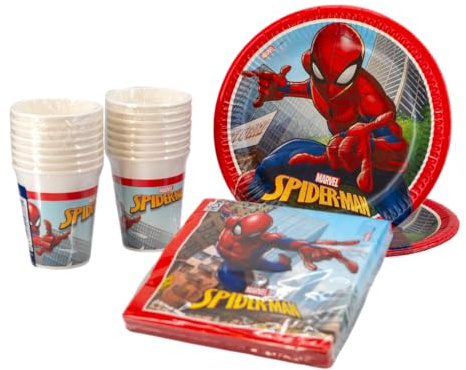 SPARKLERS CLUB Spiderman, confezione da 52 pezzi, 16 piatti, 16 bicchieri, 20 asciugamani, stoviglie usa e getta, stoviglie da festa, decorazione da tavolo, Spiderman