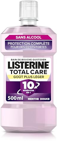 Listerine – Bain de Bouche Total Care Goût Plus Léger 0% alcool (bouteille de 500 ml) – Soin bucco-dentaire 10 bénéfices en 1 – Bain de bouche sans alcool pour une haleine fraîche durable