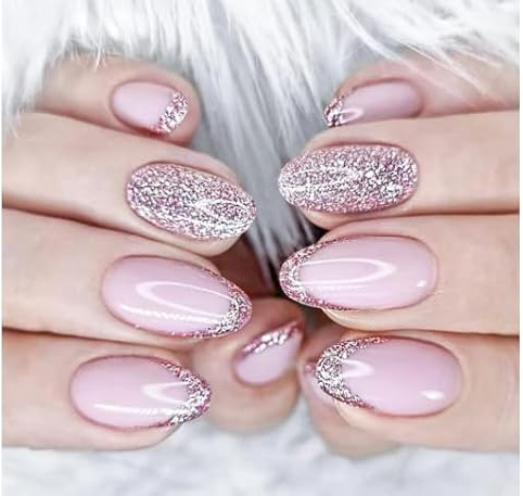 24Pcs Almond Press on Nails Short,French Tip Fake Nails, Glossy Pink Glitter False Nails, Oval Acrylic Full Cover Glue on Nails with Glossy Finish, Easy to Apply with Glue Stickers for Women and Girls