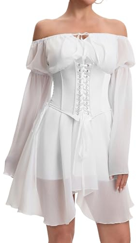 YINGWIN Zweiteiler Outfit Piratenkostüm Damen Kleider mit Corset Korsett Damen Chiffonkleid Off Shoulder Kleid Strandkleid Party Piratin Kostüm Freizeitkleid Gebauschtes Rüschenkleid