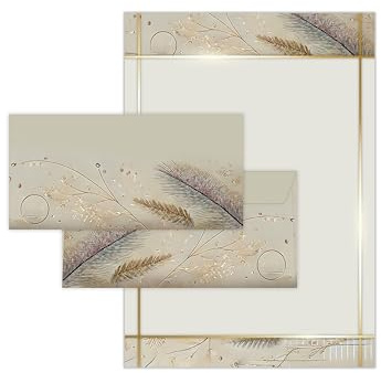 Briefpapier-Set 10 Briefbögen DIN A4 + 10 Umschläge DIN-lang haftklebend Naturfarben Elegante Federn - Naturskizzen Blättern beidseitig beschriftbar und bedruckbar für Ostern Taufe Kommunion