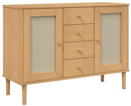 HEFZGDB Sideboard SENJA Rattan-Optik Braun 112x40x80 cm Kiefernholz Living Room Cabinets Küchenschrank Buffetschrank Küche Küchenbuffet für Küche Speisesaal Café Dessert Shop