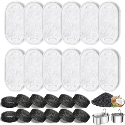Filtro de Fuente de Agua 24 Pcs,Filtro Fuente para Gatos,12 Filtros de Carbón + 12 Filtros de Esponja,Filtro Bebedero Gatos Fuente,Filtros Fuente con Carbón Activo Triple Filtración para 2L-4L Fuentes