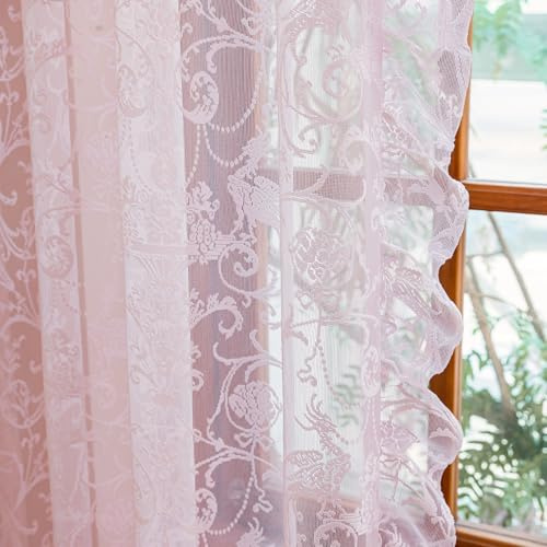 TUDECO Spitzenvorhänge, niedlich, kurze Prinzessinnen-Vorhangpaneele für Kinderzimmer, Schlafzimmer, Kawaii, gerüscht, Stangentasche, Privatsphäre, Prinzessinnen-Vorhänge, 150 x 160 cm, Hellrosa