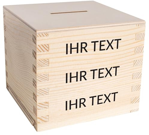 Creative Deco Holz Spardose Sparbüchse Personalisiert Geschenke Wunschtext | 9,5 x 9,5 x 9 cm (+/- 0,5 cm) | Dein Eigener Text Individuelles Geschenk Sparschwein Sparbox Holzbox | Rohes Kiefernholz