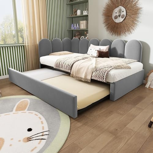 Kinderbett Einzelbett 90x200 cm, Polsterbett Tagesbett Schlafsofa mit Ausziehbares Bett, L-förmig Bett und die Seitenteile sind austauschbar, Daybett mit Metall-Lattenrost, Samt, Grau(ohne Matratze)