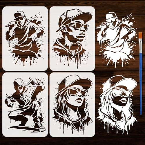 FINGERINSPIRE 4 plantillas de pintura de personajes de graffiti hip hop con pincel 21 x 29,7 cm, 4 estilos, patrón de personaje rapero, plantilla de dibujo para pintar en paredes de madera, telas y