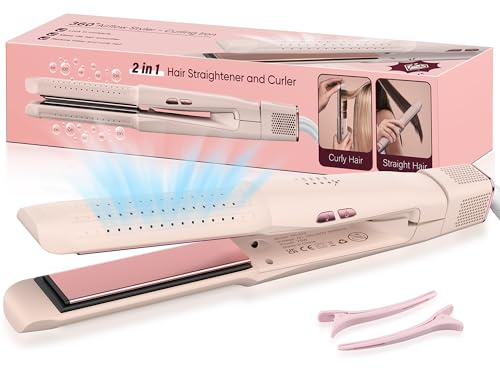 Lisseur Cheveux & Fer à Boucler 2 en 1 à Air Frais Rapid 360°, Fer à Lisser Portable Durables, Ions Négatifs pour Briller Sans Brûler, 4 Réglages de Température (160°C-220°C), Rose Girly