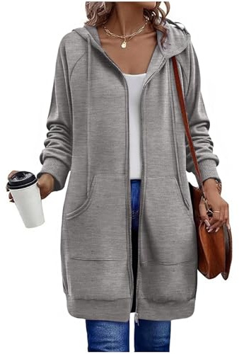 Sweatjacke Damen mit Kapuze Fleecejacke Zipper Hoodie Lange Jacke Leicht Übergangsjacke Elegant Einfarbig Kapuzenjacke mit Taschen Strickjacke Sweatshirt Locker Sportjacke Trainingsjacke Pullover