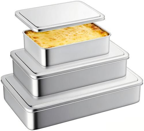 SZSJA Stainless Steel Baking Pan with Lid, Set of 3 Large Cake Pan, 17/13/11 Inch Baking Sheet Lasagna Pan with Lid, Rectangle Sheet Roasting Pan, Cake Pans with Cover, Dishwasher Safe