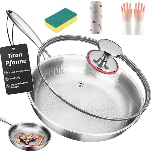 Padella in titanio con coperchio, 5 pezzi Titanium Nutri Pan Pro, Thickened, ultra resistente, antigraffio, non rivestita, antiaderente in acciaio inox, 26/28/30 cm (padella con coperchio, 20 cm)