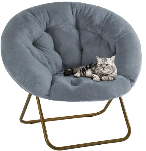 DUMOS Comfy Saucer Chair,Faux Fur Lounge Seasting XL Circle Chair for Bedroom, Dorm & Gaming, Foldable FAccent Seat for Small Spaces, Folding Moon/Mushroom/Round Oversized Style, Modern Grey