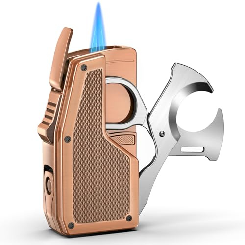 FANKAI Accendino per sigari con taglierina e punzonatura, accendino a butano 3 in 1, forbici integrate, ricaricabile, antivento, a doppia fiamma, con indicatore del carburante, regalo per uomini