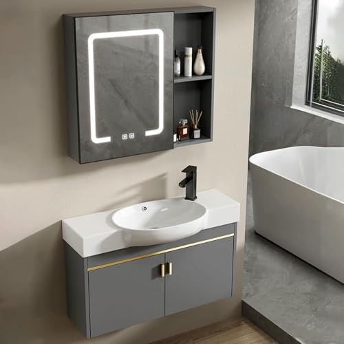 SAeWare Corner Bathroom Sink with Ceramic Vanity Wall-Mounted Design Anti-Fog Led Mirror Cabinet Space-Saving Wash Basin for Kitchen & Laundry,85cm/33.4in