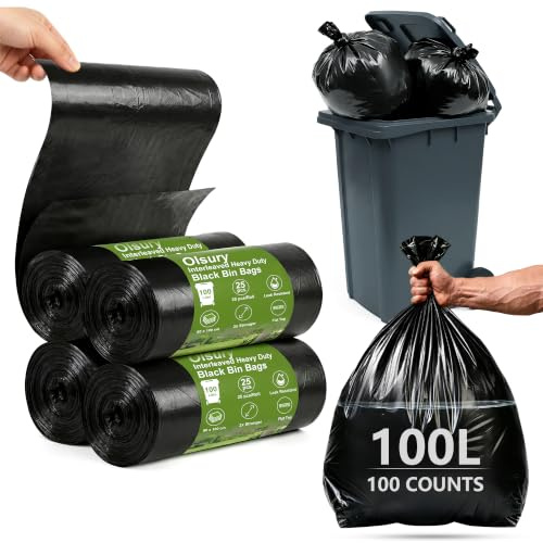 Olsury Strong Black Bin Bags: No Split Holds 50kg Wet Waste 100L 100 Pack