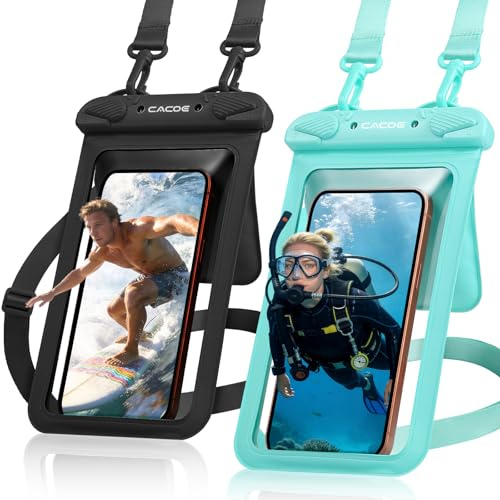 CACOE Custodia impermeabile per cellulare, confezione da 2, doppia impermeabile, impermeabile IPX8, con cordino regolabile (fino a 8,8 pollici), ideale per spiaggia e crociere (nero + verde)