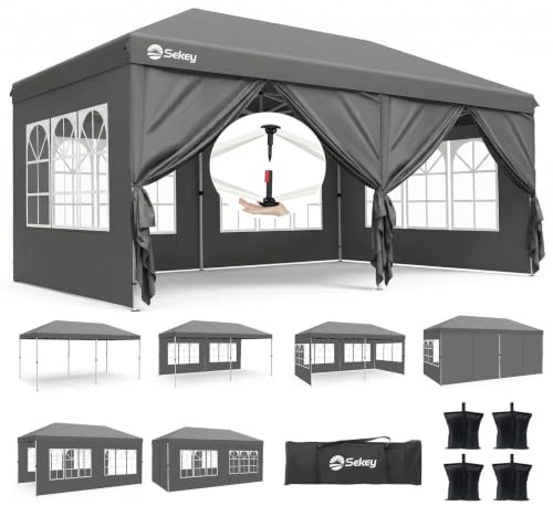 Sekey One-Touch Pop Up Pavillon 3x6m mit Seitenwänden, Faltpavillon Wasserdicht & Windfest, Inkl. 4 Gewichttaschen für Stabilität, Schnell aufgebaut, Robust für Camping, Event Serie 3x6, Anthrazit