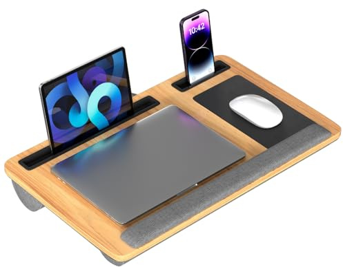 Laptopkudde för snö, säng & soffa, laptopbord med kudde, musmatta, mobiltelefonhållare, handledsstöd och bärhandtag, laptopunderlägg upp till 17 tum, 55,5 x 34,5 x 7 cm, valnöt träutseende