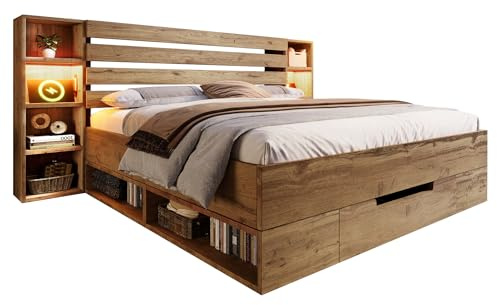 DRIXNO Doppelbett 180×200 cm, Bettgestell mit LED-Beleuchtung, Stauraumbett Bettanlage, Stauraum-Kopfteil und Schubladen, Bettrahmen, Massivholzbett, Eiche, Ohne Matratze
