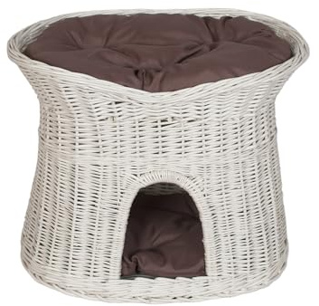Katzenkorb zum Schlafen – Katzenhütte Indoor – Größe L: 60 cm oval – Katzenhöhle aus Weide – Zweistöckiger Hunde – oder Katzenbett mit waschbaren Kissen in Brown – Weiße korbfarbe