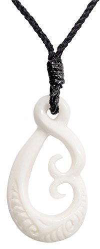 81stgeneration Hand-Carved Bone Large Single Twist Pikorua and Double Koru Pendant - Men's Surfer Accessories - Handmade Tribal Black Cord Necklace - Maori-Style Natural Jewellery for Women